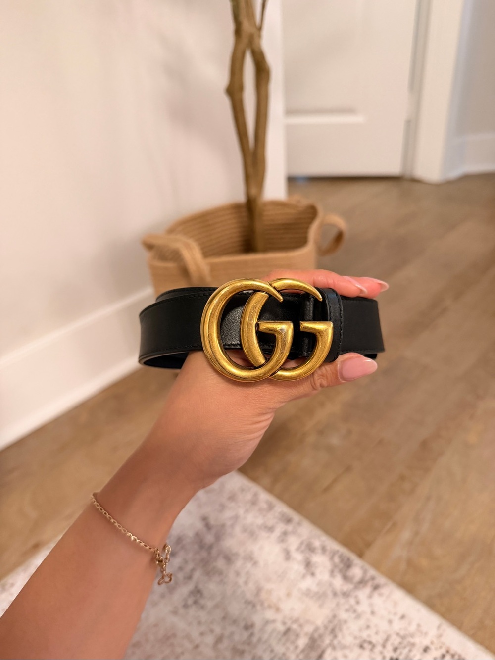 Gucci Black Leather Belt with Gold Double G Logo Buckle
